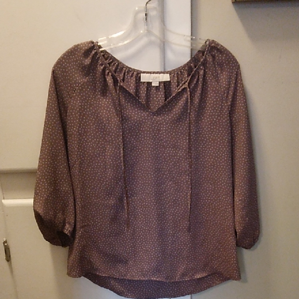 LOFT Taupe Polka Dot Peasant Blouse with Tie Neck